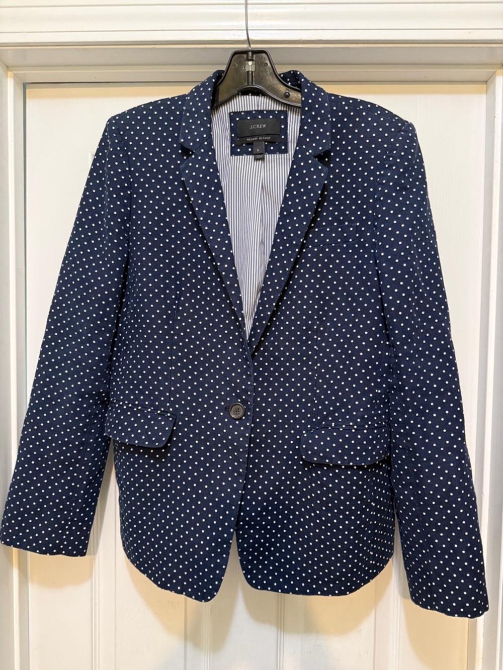 J.Crew Regent Blazer Navy White Polka Dot Linen Preppy Size 8